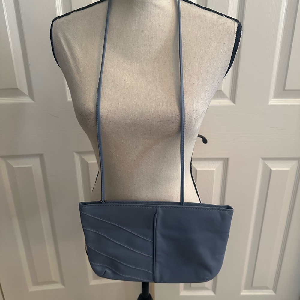 Evan Picone vintage light blue leather should bag w/a tiny ink spot as pictured
